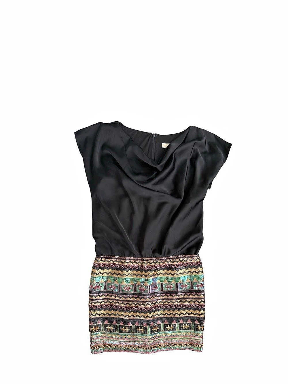 Aidan Mattox Black Chiffon Blouson Multicolor Geometric Sequin Mini Dress